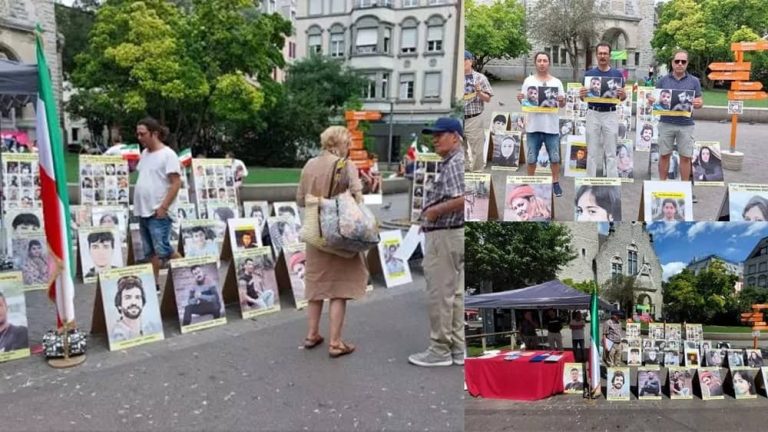 Zurich, Switzerland—July 28, 2023: Freedom-loving Iranians and supporters of the People’s Mojahedin Organization of Iran (PMOI/MEK) held a photo exhibition of the Iranian uprising's martyrs in solidarity with the Iran Revolution.