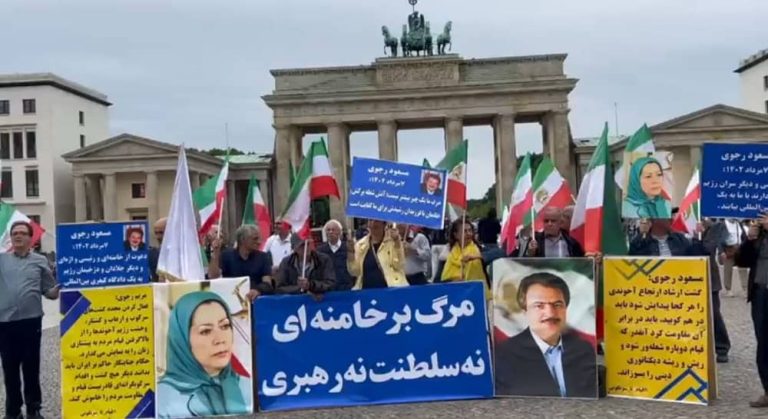 Berlin, Germany—August 2, 2023: Freedom-loving Iranians and supporters of the People’s Mojahedin Organization of Iran (PMOI/MEK) held a rally in support of the nationwide Iranian people's uprising against the mullahs' regime.