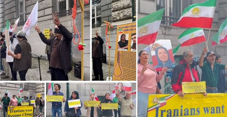 Brussels, Belgium—July 29, 2023: Freedom-loving Iranians and supporters of the People’s Mojahedin Organization of Iran (PMOI/MEK) held a rally in front of the Belgian Foreign Ministry to support the Iran Revolution. They also condemned the appeasement policy toward the mullahs' regime, demanding to designate the IRGC as a terrorist organization.