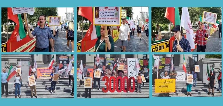 August 12, 2023: Freedom-loving Iranians and supporters of the People’s Mojahedin Organization of Iran (PMOI/MEK) held rallies in Toronto, and Vancouver, and demanded the trial of Ali Khamenei (Supreme leader of the mullahs' regime) for crimes against humanity, in an international court. They expressed strong support for the MEK leadership.