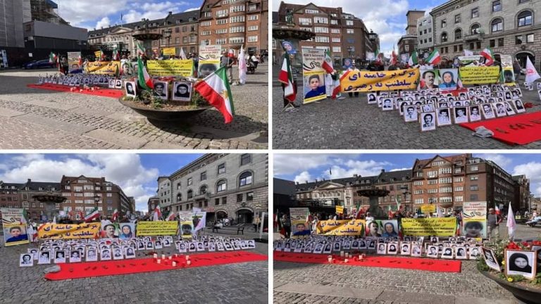 Copenhagen, Denmark—August 24, 2023: Freedom-loving Iranians and supporters of the People’s Mojahedin Organization of Iran (PMOI/MEK) held a rally and photo exhibition of the Iranian uprising martyrs in solidarity with the Iran Revolution. They also, expressed strong support for the MEK leadership.