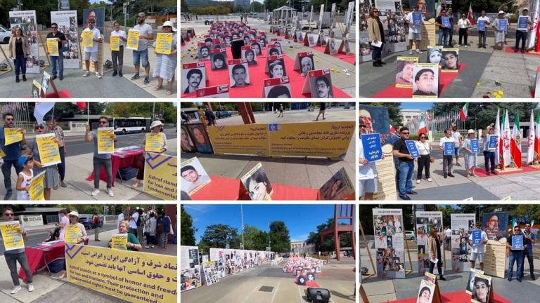 Geneva, Switzerland—August 19, 2023: Freedom-loving Iranians and supporters of the People’s Mojahedin Organization of Iran (PMOI/MEK) held a rally and exhibition in Place des Nations in solidarity with the Iran Revolution, and commemorated the 1988 massacre martyrs.