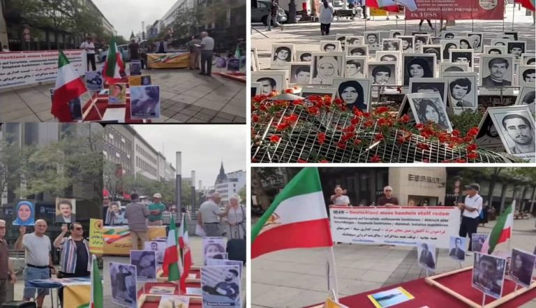 Hanover, Germany—August 24, 2023: Freedom-loving Iranians and supporters of the People’s Mojahedin Organization of Iran (PMOI/MEK) held a rally and photo exhibition of the Iranian uprising martyrs in solidarity with the Iran Revolution. They also expressed strong support for the MEK leadership.