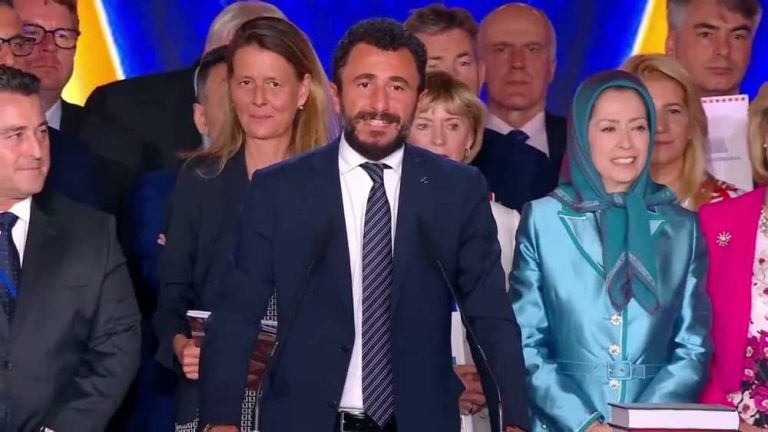 Italian MP, Emanuele Pozzolo, addressed the first day of the Free Iran World Summit on July 1, 2023.