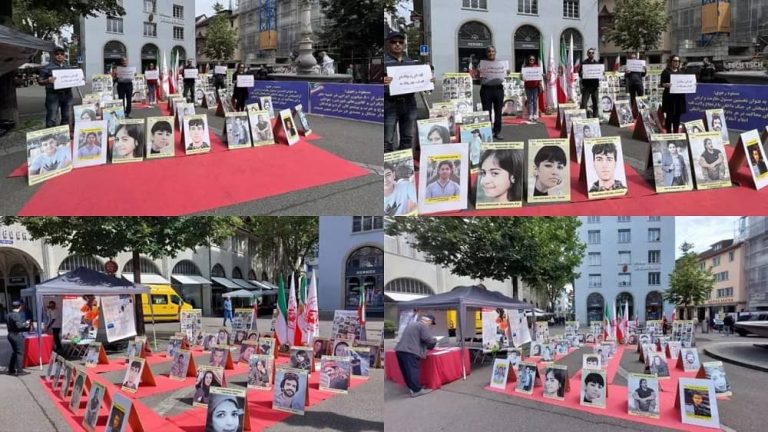 Zurich, Switzerland—August 8, 2023: Freedom-loving Iranians and supporters of the People’s Mojahedin Organization of Iran (PMOI/MEK) held an exhibition and demanded the trial of Ali Khamenei (Supreme leader of the mullahs' regime) for crimes against humanity, in an international court. They expressed strong support for the MEK leadership.
