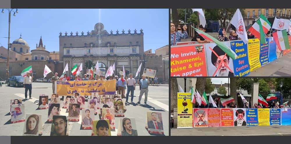 August 12, 2023: Freedom-loving Iranians and supporters of the People’s Mojahedin Organization of Iran (PMOI/MEK) held rallies in Rome, London, and Brussels, and demanded the trial of Ali Khamenei (Supreme leader of the mullahs’ regime) and the mass murderer Ebrahim Raisi for crimes against humanity, in an international court. They expressed strong support for the MEK leadership.