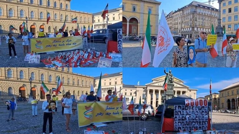 Munich, Germany—August 19, 2023: Freedom-loving Iranians and supporters of the People’s Mojahedin Organization of Iran (PMOI/MEK) held a rally, and demanded the trial of Ali Khamenei (Supreme leader of the mullahs’ regime) and the mass murderer Ebrahim Raisi for crimes against humanity, in an international court. They expressed strong support for the MEK leadership.