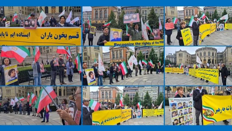 Oslo, Norway—August 26, 2023: Freedom-loving Iranians and supporters of the People’s Mojahedin Organization of Iran (PMOI/MEK) held a rally in front of the Norwegian Parliament in solidarity with the Iran Revolution.