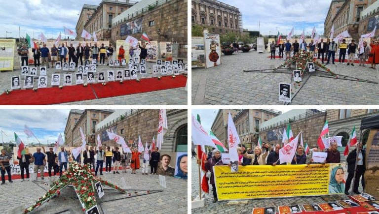 Stockholm, Sweden—August 12, 2023: Freedom-loving Iranians and supporters of the People’s Mojahedin Organization of Iran (PMOI/MEK) held a rally and exhibition in front of the Swedish parliament, and commemorated the 1988 massacre martyrs.