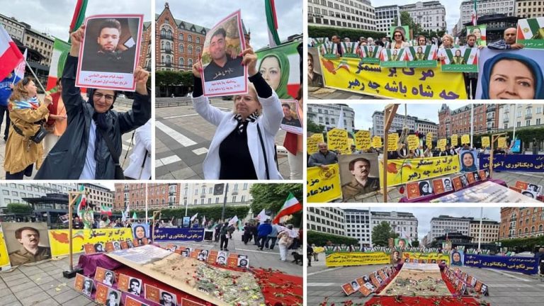 Stockholm, Sweden—August 26, 2023: Freedom-loving Iranians and supporters of the People’s Mojahedin Organization of Iran (PMOI/MEK) held a rally in support of the Iran Revolution against the religious dictatorship ruling Iran.