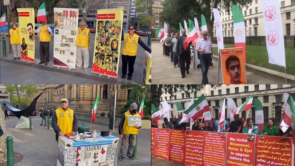 August 18, 2023: Freedom-loving Iranians and supporters of the People’s Mojahedin Organization of Iran (PMOI/MEK) held rallies in Sydney (Australia), and London, and demanded the trial of Ali Khamenei (Supreme leader of the mullahs’ regime) and the mass murderer Ebrahim Raisi for crimes against humanity, in an international court. They expressed strong support for the MEK leadership.