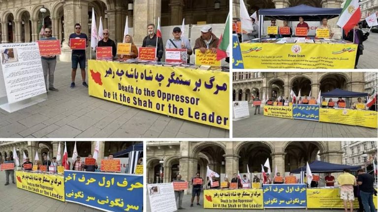 Vienna, Austria—August 8, 2023: Freedom-loving Iranians and supporters of the People’s Mojahedin Organization of Iran (PMOI/MEK) held a rally and demanded the trial of Ali Khamenei (Supreme leader of the mullahs' regime) for crimes against humanity, in an international court. They expressed strong support for the MEK leadership.