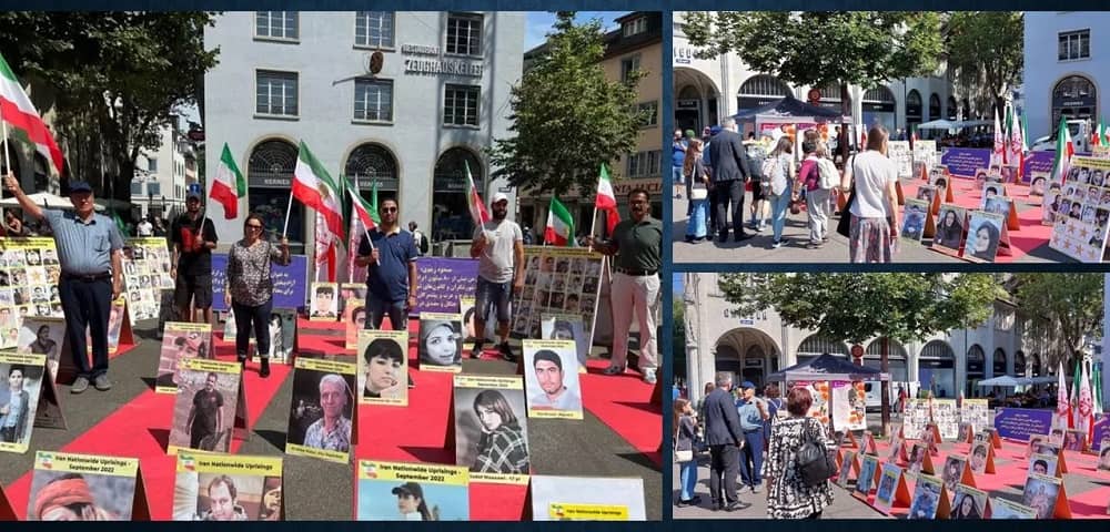 Zurich, Switzerland—August 15, 2023: Freedom-loving Iranians and supporters of the People’s Mojahedin Organization of Iran (PMOI/MEK) held a photo exhibition of the Iranian uprising's martyrs in solidarity with the Iran Revolution. They also expressed their strong support for the MEK leadership.