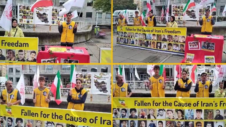 Aarhus, Denmark—September 23, 2023: Freedom-loving Iranians and supporters of the People’s Mojahedin Organization of Iran (PMOI/MEK) held a rally in solidarity with the Iran Revolution against the religious dictatorship ruling Iran.