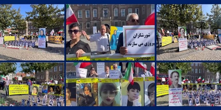 Copenhagen, Denmark—September 2, 2023: Freedom-loving Iranians and supporters of the People’s Mojahedin Organization of Iran (PMOI/MEK) held a rally in solidarity with the Iran Revolution. They also expressed strong support for the MEK leadership.