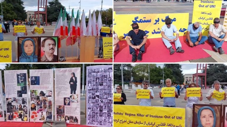 Geneva, Switzerland—September 21, 2023: Freedom-loving Iranians and supporters of the People’s Mojahedin Organization of Iran (PMOI/MEK) held a rally and exhibition in Place des Nations in solidarity with the Iran Revolution. They also commemorated the martyrs of the nationwide uprising of the Iranian people.