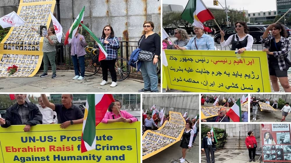 New York—September 13, 2023: Freedom-loving Iranians and supporters of the People’s Mojahedin Organization of Iran (PMOI/MEK) held a protest rally in front of the UN against the presence of Ebrahim Raisi, the mass murderer responsible for the 1988 massacre in Iran, at the United Nations General Assembly (UNGA).