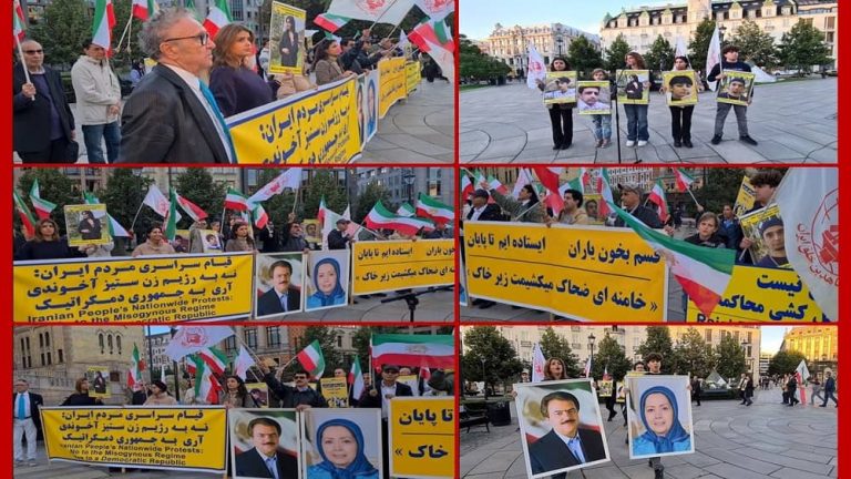 Oslo, Norway—September 23, 2023: Freedom-loving Iranians and supporters of the People’s Mojahedin Organization of Iran (PMOI/MEK) held a rally in solidarity with the Iran Revolution against the religious dictatorship ruling Iran.