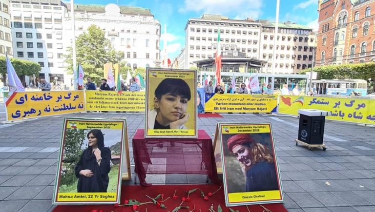 Stockholm, Sweden—September 23, 2023: Freedom-loving Iranians and supporters of the People’s Mojahedin Organization of Iran (PMOI/MEK) held a rally in solidarity with the Iran Revolution against the religious dictatorship ruling Iran.