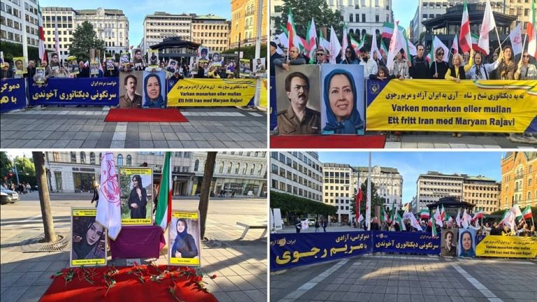 Stockholm, Sweden—September 17, 2023: Freedom-loving Iranians and supporters of the People’s Mojahedin Organization of Iran (PMOI/MEK) held a rally in solidarity with the Iran Revolution against the religious dictatorship ruling Iran. This rally marks the one-year anniversary of a nationwide uprising that deeply rattled the ruling regime in Iran.