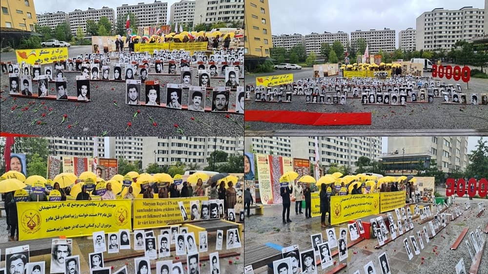 Stockholm, Sweden—September 1, 2023: Freedom-loving Iranians, and supporters of the People's Mojahedin Organization of Iran (PMOI/MEK) held a rally on the twelfth session of the appeal trial of the executioner Hamid Noury in front of the court. They are seeking justice for more than 30,000 martyrs of the 1988 massacre.