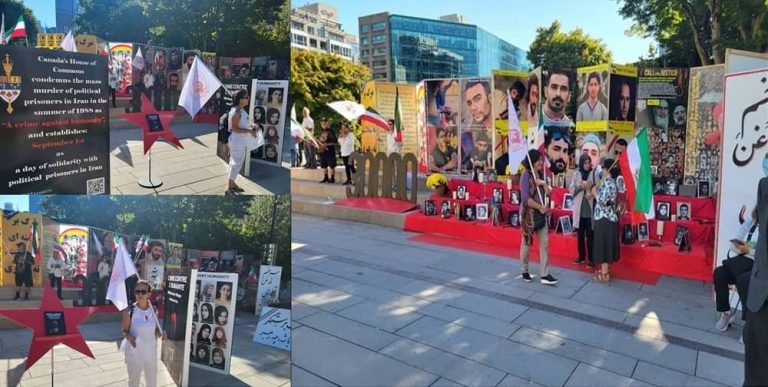 Vancouver, Canada—September 2, 2023: Freedom-loving Iranians and supporters of the People’s Mojahedin Organization of Iran (PMOI/MEK) held an exhibition, commemorating political prisoners and Iran's 1988 massacre victims. This exhibition was held on the occasion of Political Prisoners' Day in Canada.