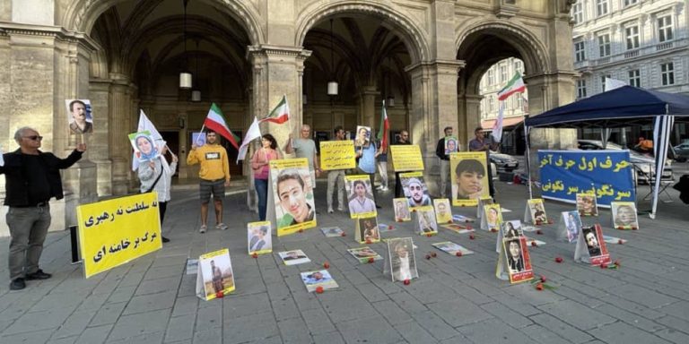 Vienna, Austria—August 31, 2023: Freedom-loving Iranians and supporters of the People’s Mojahedin Organization of Iran (PMOI/MEK) held a rally in support of the Iran Revolution against the religious dictatorship ruling Iran.