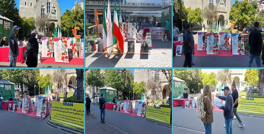 Zurich, Switzerland—September 26, 2023: Freedom-loving Iranians and supporters of the People’s Mojahedin Organization of Iran (PMOI/MEK) held a photo exhibition in solidarity with the Iran Revolution. They also commemorated the martyrs of the nationwide uprising of the Iranian people.