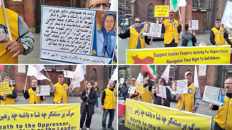 Aarhus, Denmark—September 30, 2023: Freedom-loving Iranians and supporters of the People’s Mojahedin Organization of Iran (PMOI/MEK) held a rally in commemoration of the martyrs of Zahedan Bloody Friday. They also expressed solidarity with the Iran Revolution.