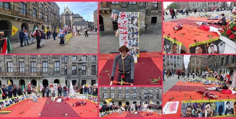 Amsterdam, the Netherlands—September 30, 2023: Freedom-loving Iranians and supporters of the People’s Mojahedin Organization of Iran (PMOI/MEK) held a rally in Dam Square in commemoration of the martyrs of Zahedan Bloody Friday. They also expressed solidarity with the Iran Revolution.