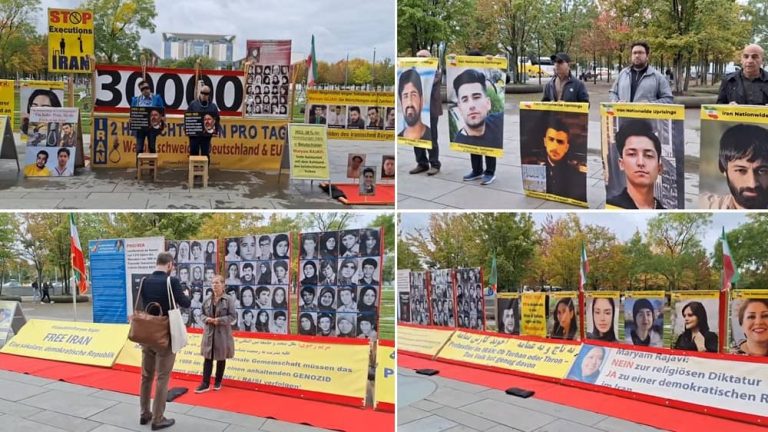 Berlin, Germany—October 10, 2023: On the occasion of the World Day Against The Death Penalty, freedom-loving Iranians and supporters of the People’s Mojahedin Organization of Iran (PMOI/MEK) held a rally and photo exhibition in front of the German federal parliament (Bundestag) against the death penalty and brutal executions by the Iranian regime. They also expressed their solidarity with the Iran Revolution.