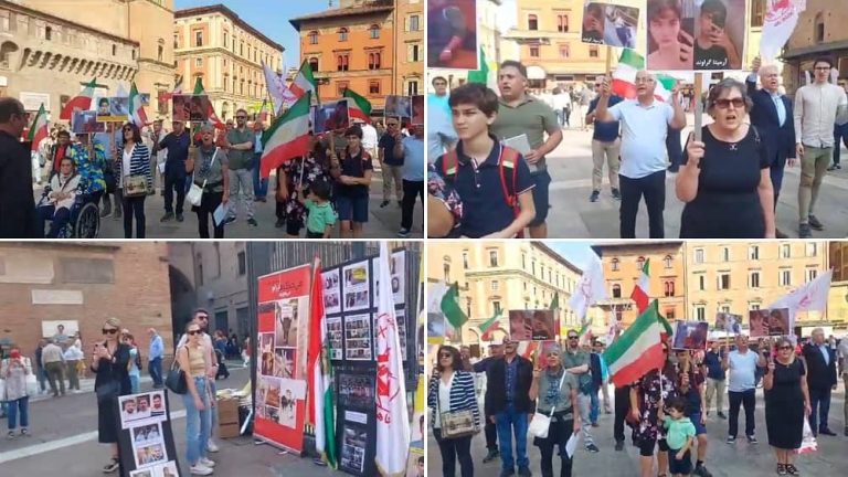 Bologna, Italy—October 7, 2023: Freedom-loving Iranians and supporters of the People’s Mojahedin Organization of Iran (PMOI/MEK) held a rally in solidarity with the Iran Revolution.