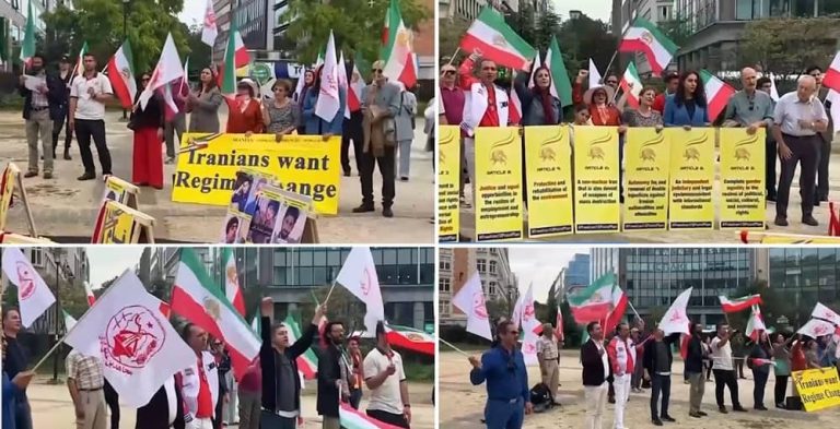 Brussels, Belgium—September 2023: Freedom-loving Iranians and supporters of the People’s Mojahedin Organization of Iran (PMOI/MEK) held a rally in solidarity with the Iran Revolution.
