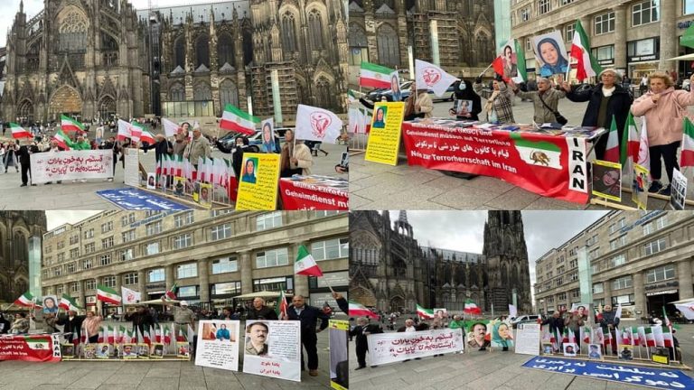 Cologne, Germany—October 14, 2023: Freedom-loving Iranians and supporters of the People’s Mojahedin Organization of Iran (PMOI/MEK) held a rally in solidarity with the Iranian Revolution.