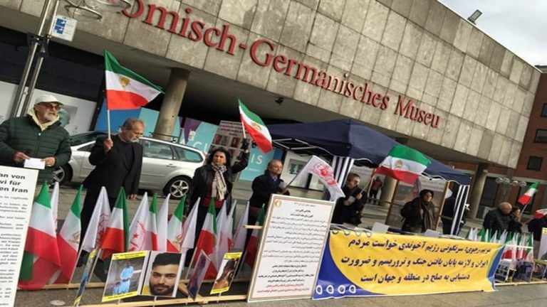 Cologne, Germany—October 28, 2023: Freedom-loving Iranians and supporters of the People’s Mojahedin Organization of Iran (PMOI/MEK) held a rally in solidarity with the Iranian Revolution.