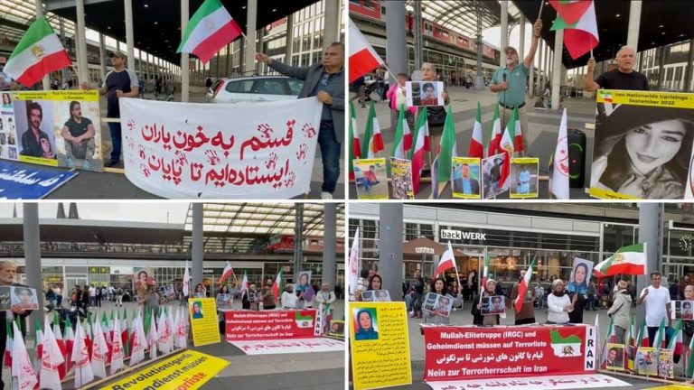 Cologne, Germany—October 7, 2023: Freedom-loving Iranians and supporters of the People’s Mojahedin Organization of Iran (PMOI/MEK) held a rally in solidarity with the Iran Revolution.