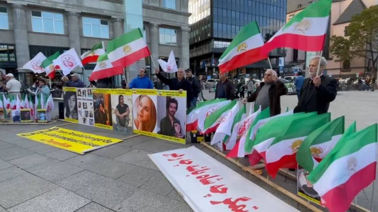 Cologne, Germany—October 21, 2023: Freedom-loving Iranians and supporters of the People’s Mojahedin Organization of Iran (PMOI/MEK) held a rally and exhibition in solidarity with the Iranian Revolution.