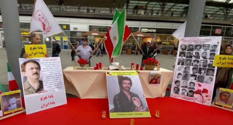 Cologne, Germany—September 29, 2023: Freedom-loving Iranians and supporters of the People’s Mojahedin Organization of Iran (PMOI/MEK) held a rally in commemoration of the martyrs of Zahedan Bloody Friday. They also expressed solidarity with the Iran Revolution.