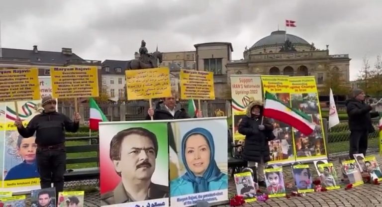 Copenhagen, Denmark—October 27, 2023: Freedom-loving Iranians and supporters of the People’s Mojahedin Organization of Iran (PMOI/MEK) held a rally in solidarity with the Iranian Revolution.