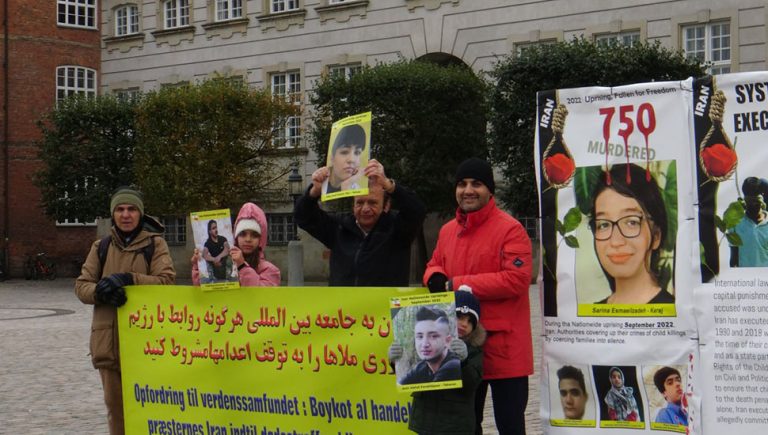 Copenhagen, Denmark—October 19, 2023: Freedom-loving Iranians and supporters of the People’s Mojahedin Organization of Iran (PMOI/MEK) held a rally and exhibition in solidarity with the Iranian Revolution.