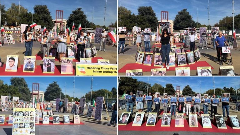 Geneva, Switzerland—October 10, 2023: On the occasion of the World Day Against The Death Penalty, freedom-loving Iranians and supporters of the People’s Mojahedin Organization of Iran (PMOI/MEK) held a rally and photo exhibition in front of the UN headquarters in the Place des Nations to protest against the death penalty and brutal executions carried out by the Iranian regime. They also expressed their solidarity with the Iranian Revolution.