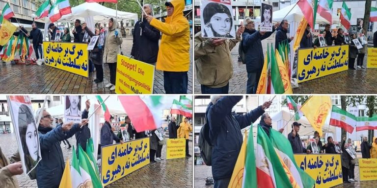Hamburg, Germany—October 14, 2023: Freedom-loving Iranians and supporters of the People’s Mojahedin Organization of Iran (PMOI/MEK) held a rally in solidarity with the Iranian Revolution.