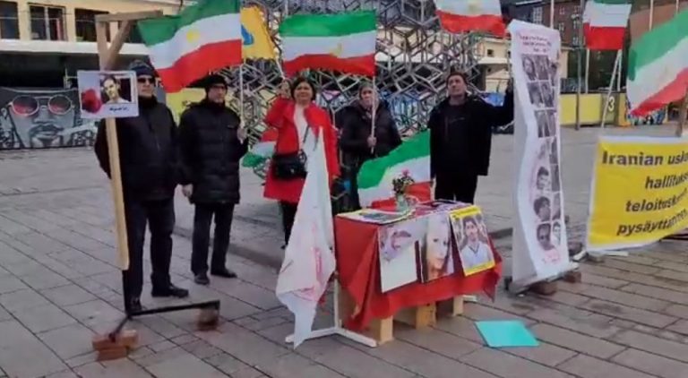 Helsinki, Finland—October 10, 2023: On the occasion of the World Day Against The Death Penalty, freedom-loving Iranians and supporters of the People’s Mojahedin Organization of Iran (PMOI/MEK) held a rally to protest against the death penalty and brutal executions carried out by the Iranian regime. They also expressed their solidarity with the Iranian Revolution.