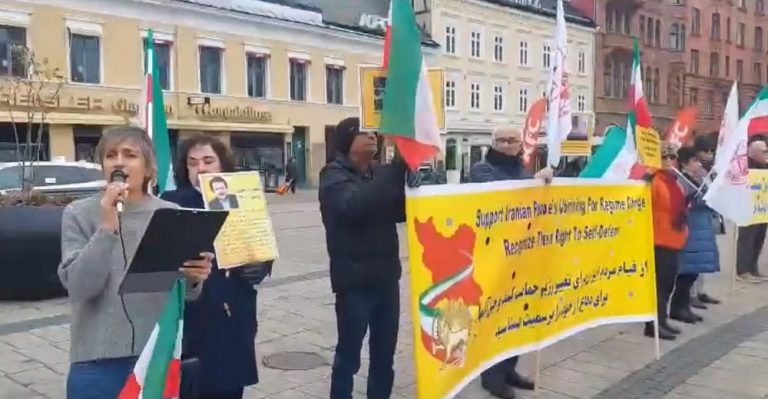Malmö, Sweden—October 28, 2023: Freedom-loving Iranians and supporters of the People’s Mojahedin Organization of Iran (PMOI/MEK) held a rally in solidarity with the Iranian Revolution.