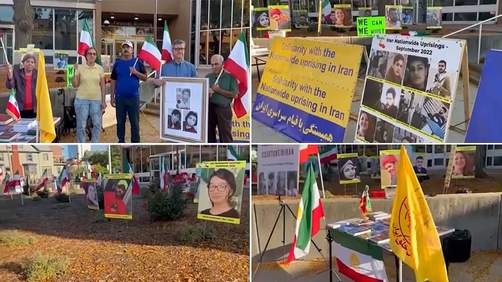 Michigan, USA—September 2023: Freedom-loving Iranians and supporters of the People’s Mojahedin Organization of Iran (PMOI/MEK) held a rally and photo exhibition in solidarity with the Iran Revolution.