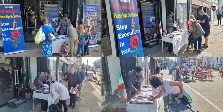Newport, England—October 7, 2023: Freedom-loving Iranians and supporters of the People’s Mojahedin Organization of Iran (PMOI/MEK) held a book exhibition in solidarity with the Iran Revolution.