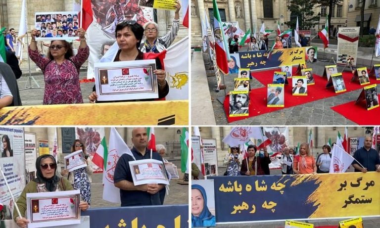 Paris, France—September 30, 2023: Freedom-loving Iranians and supporters of the People’s Mojahedin Organization of Iran (PMOI/MEK) held a rally in commemoration of the martyrs of Zahedan Bloody Friday. They also expressed solidarity with the Iran Revolution.