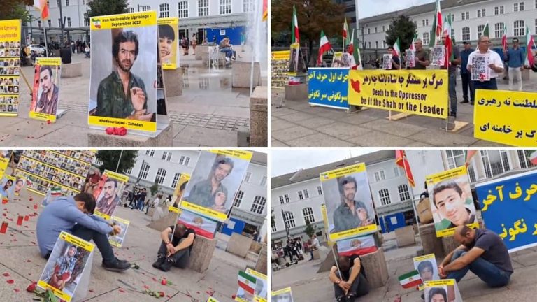 Salzburg, Austria—September 30, 2023: Freedom-loving Iranians and supporters of the People’s Mojahedin Organization of Iran (PMOI/MEK) held a rally in commemoration of the martyrs of Zahedan Bloody Friday. They also expressed solidarity with the Iran Revolution.