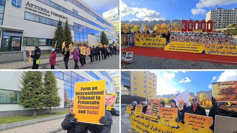 Stockholm—October 18, 2023: MEK Supporters Held a Rally in Front of the Swedish Court, Seeking Justice for the 1988 Massacre Victims