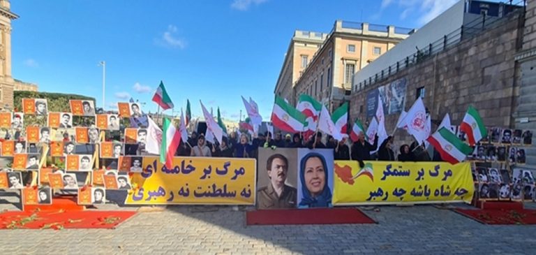 Stockholm, Sweden—October 7, 2023: Freedom-loving Iranians and supporters of the People’s Mojahedin Organization of Iran (PMOI/MEK) held a rally in front of the Swedish Parliament in solidarity with the Iran Revolution.